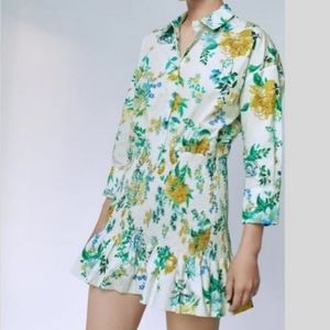 Zara  yellow spring  long dleeve Floral Smocked Skirt Dress